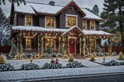 photo from pinterest of christmas-style exterior designed (house exterior exterior) . with a few big socks hanging and ribbons and berries and greenery draped and tie pinecones and berries and snow outside and giftwrapped gifts and plaid rugs and christmas ornaments. . cinematic photo, highly detailed, cinematic lighting, ultra-detailed, ultrarealistic, photorealism, 8k. trending on pinterest. christmas exterior design style. masterpiece, cinematic light, ultrarealistic+, photorealistic+, 8k, raw photo, realistic, sharp focus on eyes, (symmetrical eyes), (intact eyes), hyperrealistic, highest quality, best quality, , highly detailed, masterpiece, best quality, extremely detailed 8k wallpaper, masterpiece, best quality, ultra-detailed, best shadow, detailed background, detailed face, detailed eyes, high contrast, best illumination, detailed face, dulux, caustic, dynamic angle, detailed glow. dramatic lighting. highly detailed, insanely detailed hair, symmetrical, intricate details, professionally retouched, 8k high definition. strong bokeh. award winning photo.