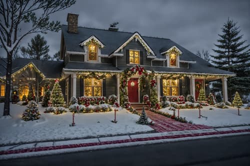 photo from pinterest of christmas-style exterior designed (house exterior exterior) . with a few big socks hanging and ribbons and berries and greenery draped and tie pinecones and berries and snow outside and giftwrapped gifts and plaid rugs and christmas ornaments. . cinematic photo, highly detailed, cinematic lighting, ultra-detailed, ultrarealistic, photorealism, 8k. trending on pinterest. christmas exterior design style. masterpiece, cinematic light, ultrarealistic+, photorealistic+, 8k, raw photo, realistic, sharp focus on eyes, (symmetrical eyes), (intact eyes), hyperrealistic, highest quality, best quality, , highly detailed, masterpiece, best quality, extremely detailed 8k wallpaper, masterpiece, best quality, ultra-detailed, best shadow, detailed background, detailed face, detailed eyes, high contrast, best illumination, detailed face, dulux, caustic, dynamic angle, detailed glow. dramatic lighting. highly detailed, insanely detailed hair, symmetrical, intricate details, professionally retouched, 8k high definition. strong bokeh. award winning photo.