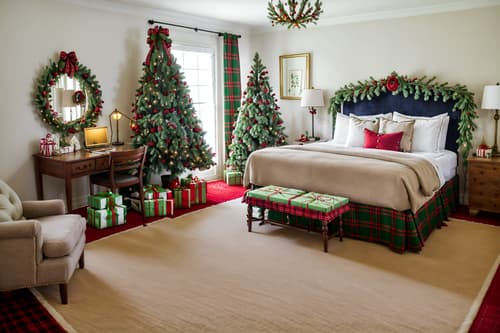 photo from pinterest of christmas-style interior designed (hotel room interior) with accent chair and plant and mirror and working desk with desk chair and bed and storage bench or ottoman and night light and dresser closet. . with tie pinecones and berries and christmas ornaments and ribbons and plaid rugs and a few big socks hanging and giftwrapped gifts and berries and greenery draped and snow outside. . cinematic photo, highly detailed, cinematic lighting, ultra-detailed, ultrarealistic, photorealism, 8k. trending on pinterest. christmas interior design style. masterpiece, cinematic light, ultrarealistic+, photorealistic+, 8k, raw photo, realistic, sharp focus on eyes, (symmetrical eyes), (intact eyes), hyperrealistic, highest quality, best quality, , highly detailed, masterpiece, best quality, extremely detailed 8k wallpaper, masterpiece, best quality, ultra-detailed, best shadow, detailed background, detailed face, detailed eyes, high contrast, best illumination, detailed face, dulux, caustic, dynamic angle, detailed glow. dramatic lighting. highly detailed, insanely detailed hair, symmetrical, intricate details, professionally retouched, 8k high definition. strong bokeh. award winning photo.