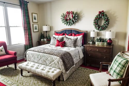 photo from pinterest of christmas-style interior designed (hotel room interior) with accent chair and plant and mirror and working desk with desk chair and bed and storage bench or ottoman and night light and dresser closet. . with tie pinecones and berries and christmas ornaments and ribbons and plaid rugs and a few big socks hanging and giftwrapped gifts and berries and greenery draped and snow outside. . cinematic photo, highly detailed, cinematic lighting, ultra-detailed, ultrarealistic, photorealism, 8k. trending on pinterest. christmas interior design style. masterpiece, cinematic light, ultrarealistic+, photorealistic+, 8k, raw photo, realistic, sharp focus on eyes, (symmetrical eyes), (intact eyes), hyperrealistic, highest quality, best quality, , highly detailed, masterpiece, best quality, extremely detailed 8k wallpaper, masterpiece, best quality, ultra-detailed, best shadow, detailed background, detailed face, detailed eyes, high contrast, best illumination, detailed face, dulux, caustic, dynamic angle, detailed glow. dramatic lighting. highly detailed, insanely detailed hair, symmetrical, intricate details, professionally retouched, 8k high definition. strong bokeh. award winning photo.
