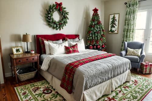 photo from pinterest of christmas-style interior designed (hotel room interior) with accent chair and plant and mirror and working desk with desk chair and bed and storage bench or ottoman and night light and dresser closet. . with tie pinecones and berries and christmas ornaments and ribbons and plaid rugs and a few big socks hanging and giftwrapped gifts and berries and greenery draped and snow outside. . cinematic photo, highly detailed, cinematic lighting, ultra-detailed, ultrarealistic, photorealism, 8k. trending on pinterest. christmas interior design style. masterpiece, cinematic light, ultrarealistic+, photorealistic+, 8k, raw photo, realistic, sharp focus on eyes, (symmetrical eyes), (intact eyes), hyperrealistic, highest quality, best quality, , highly detailed, masterpiece, best quality, extremely detailed 8k wallpaper, masterpiece, best quality, ultra-detailed, best shadow, detailed background, detailed face, detailed eyes, high contrast, best illumination, detailed face, dulux, caustic, dynamic angle, detailed glow. dramatic lighting. highly detailed, insanely detailed hair, symmetrical, intricate details, professionally retouched, 8k high definition. strong bokeh. award winning photo.