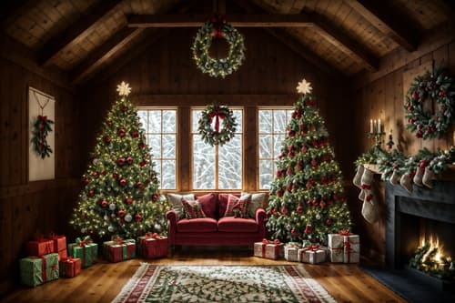 photo from pinterest of christmas-style interior designed (attic interior) . with giftwrapped gifts and christmas ornaments and tie pinecones and berries and ribbons and a few big socks hanging and plaid rugs and snow outside and berries and greenery draped. . cinematic photo, highly detailed, cinematic lighting, ultra-detailed, ultrarealistic, photorealism, 8k. trending on pinterest. christmas interior design style. masterpiece, cinematic light, ultrarealistic+, photorealistic+, 8k, raw photo, realistic, sharp focus on eyes, (symmetrical eyes), (intact eyes), hyperrealistic, highest quality, best quality, , highly detailed, masterpiece, best quality, extremely detailed 8k wallpaper, masterpiece, best quality, ultra-detailed, best shadow, detailed background, detailed face, detailed eyes, high contrast, best illumination, detailed face, dulux, caustic, dynamic angle, detailed glow. dramatic lighting. highly detailed, insanely detailed hair, symmetrical, intricate details, professionally retouched, 8k high definition. strong bokeh. award winning photo.
