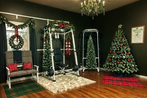 photo from pinterest of christmas-style interior designed (fitness gym interior) with crosstrainer and bench press and dumbbell stand and exercise bicycle and squat rack and crosstrainer. . with giftwrapped gifts and tie pinecones and berries and christmas ornaments and berries and greenery draped and snow outside and plaid rugs and ribbons and a few big socks hanging. . cinematic photo, highly detailed, cinematic lighting, ultra-detailed, ultrarealistic, photorealism, 8k. trending on pinterest. christmas interior design style. masterpiece, cinematic light, ultrarealistic+, photorealistic+, 8k, raw photo, realistic, sharp focus on eyes, (symmetrical eyes), (intact eyes), hyperrealistic, highest quality, best quality, , highly detailed, masterpiece, best quality, extremely detailed 8k wallpaper, masterpiece, best quality, ultra-detailed, best shadow, detailed background, detailed face, detailed eyes, high contrast, best illumination, detailed face, dulux, caustic, dynamic angle, detailed glow. dramatic lighting. highly detailed, insanely detailed hair, symmetrical, intricate details, professionally retouched, 8k high definition. strong bokeh. award winning photo.