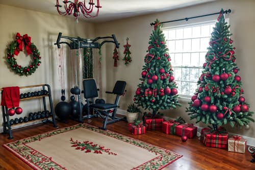 photo from pinterest of christmas-style interior designed (fitness gym interior) with crosstrainer and bench press and dumbbell stand and exercise bicycle and squat rack and crosstrainer. . with giftwrapped gifts and tie pinecones and berries and christmas ornaments and berries and greenery draped and snow outside and plaid rugs and ribbons and a few big socks hanging. . cinematic photo, highly detailed, cinematic lighting, ultra-detailed, ultrarealistic, photorealism, 8k. trending on pinterest. christmas interior design style. masterpiece, cinematic light, ultrarealistic+, photorealistic+, 8k, raw photo, realistic, sharp focus on eyes, (symmetrical eyes), (intact eyes), hyperrealistic, highest quality, best quality, , highly detailed, masterpiece, best quality, extremely detailed 8k wallpaper, masterpiece, best quality, ultra-detailed, best shadow, detailed background, detailed face, detailed eyes, high contrast, best illumination, detailed face, dulux, caustic, dynamic angle, detailed glow. dramatic lighting. highly detailed, insanely detailed hair, symmetrical, intricate details, professionally retouched, 8k high definition. strong bokeh. award winning photo.
