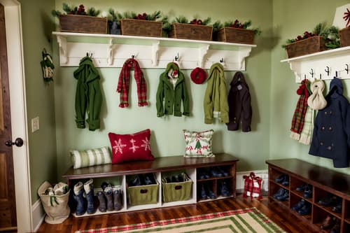 photo from pinterest of christmas-style interior designed (mudroom interior) with wall hooks for coats and cabinets and storage drawers and high up storage and shelves for shoes and cubbies and storage baskets and a bench. . with a few big socks hanging and plaid rugs and ribbons and berries and greenery draped and giftwrapped gifts and tie pinecones and berries and snow outside and christmas ornaments. . cinematic photo, highly detailed, cinematic lighting, ultra-detailed, ultrarealistic, photorealism, 8k. trending on pinterest. christmas interior design style. masterpiece, cinematic light, ultrarealistic+, photorealistic+, 8k, raw photo, realistic, sharp focus on eyes, (symmetrical eyes), (intact eyes), hyperrealistic, highest quality, best quality, , highly detailed, masterpiece, best quality, extremely detailed 8k wallpaper, masterpiece, best quality, ultra-detailed, best shadow, detailed background, detailed face, detailed eyes, high contrast, best illumination, detailed face, dulux, caustic, dynamic angle, detailed glow. dramatic lighting. highly detailed, insanely detailed hair, symmetrical, intricate details, professionally retouched, 8k high definition. strong bokeh. award winning photo.