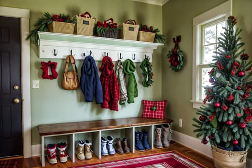 photo from pinterest of christmas-style interior designed (mudroom interior) with wall hooks for coats and cabinets and storage drawers and high up storage and shelves for shoes and cubbies and storage baskets and a bench. . with a few big socks hanging and plaid rugs and ribbons and berries and greenery draped and giftwrapped gifts and tie pinecones and berries and snow outside and christmas ornaments. . cinematic photo, highly detailed, cinematic lighting, ultra-detailed, ultrarealistic, photorealism, 8k. trending on pinterest. christmas interior design style. masterpiece, cinematic light, ultrarealistic+, photorealistic+, 8k, raw photo, realistic, sharp focus on eyes, (symmetrical eyes), (intact eyes), hyperrealistic, highest quality, best quality, , highly detailed, masterpiece, best quality, extremely detailed 8k wallpaper, masterpiece, best quality, ultra-detailed, best shadow, detailed background, detailed face, detailed eyes, high contrast, best illumination, detailed face, dulux, caustic, dynamic angle, detailed glow. dramatic lighting. highly detailed, insanely detailed hair, symmetrical, intricate details, professionally retouched, 8k high definition. strong bokeh. award winning photo.