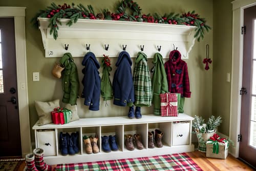 photo from pinterest of christmas-style interior designed (mudroom interior) with wall hooks for coats and cabinets and storage drawers and high up storage and shelves for shoes and cubbies and storage baskets and a bench. . with a few big socks hanging and plaid rugs and ribbons and berries and greenery draped and giftwrapped gifts and tie pinecones and berries and snow outside and christmas ornaments. . cinematic photo, highly detailed, cinematic lighting, ultra-detailed, ultrarealistic, photorealism, 8k. trending on pinterest. christmas interior design style. masterpiece, cinematic light, ultrarealistic+, photorealistic+, 8k, raw photo, realistic, sharp focus on eyes, (symmetrical eyes), (intact eyes), hyperrealistic, highest quality, best quality, , highly detailed, masterpiece, best quality, extremely detailed 8k wallpaper, masterpiece, best quality, ultra-detailed, best shadow, detailed background, detailed face, detailed eyes, high contrast, best illumination, detailed face, dulux, caustic, dynamic angle, detailed glow. dramatic lighting. highly detailed, insanely detailed hair, symmetrical, intricate details, professionally retouched, 8k high definition. strong bokeh. award winning photo.