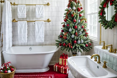 photo from pinterest of christmas-style interior designed (hotel bathroom interior) with bathroom cabinet and bathtub and plant and bathroom sink with faucet and shower and toilet seat and bath rail and mirror. . with christmas ornaments and a few big socks hanging and berries and greenery draped and giftwrapped gifts and plaid rugs and ribbons and snow outside and tie pinecones and berries. . cinematic photo, highly detailed, cinematic lighting, ultra-detailed, ultrarealistic, photorealism, 8k. trending on pinterest. christmas interior design style. masterpiece, cinematic light, ultrarealistic+, photorealistic+, 8k, raw photo, realistic, sharp focus on eyes, (symmetrical eyes), (intact eyes), hyperrealistic, highest quality, best quality, , highly detailed, masterpiece, best quality, extremely detailed 8k wallpaper, masterpiece, best quality, ultra-detailed, best shadow, detailed background, detailed face, detailed eyes, high contrast, best illumination, detailed face, dulux, caustic, dynamic angle, detailed glow. dramatic lighting. highly detailed, insanely detailed hair, symmetrical, intricate details, professionally retouched, 8k high definition. strong bokeh. award winning photo.