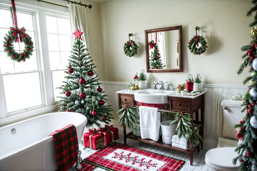 photo from pinterest of christmas-style interior designed (hotel bathroom interior) with bathroom cabinet and bathtub and plant and bathroom sink with faucet and shower and toilet seat and bath rail and mirror. . with christmas ornaments and a few big socks hanging and berries and greenery draped and giftwrapped gifts and plaid rugs and ribbons and snow outside and tie pinecones and berries. . cinematic photo, highly detailed, cinematic lighting, ultra-detailed, ultrarealistic, photorealism, 8k. trending on pinterest. christmas interior design style. masterpiece, cinematic light, ultrarealistic+, photorealistic+, 8k, raw photo, realistic, sharp focus on eyes, (symmetrical eyes), (intact eyes), hyperrealistic, highest quality, best quality, , highly detailed, masterpiece, best quality, extremely detailed 8k wallpaper, masterpiece, best quality, ultra-detailed, best shadow, detailed background, detailed face, detailed eyes, high contrast, best illumination, detailed face, dulux, caustic, dynamic angle, detailed glow. dramatic lighting. highly detailed, insanely detailed hair, symmetrical, intricate details, professionally retouched, 8k high definition. strong bokeh. award winning photo.