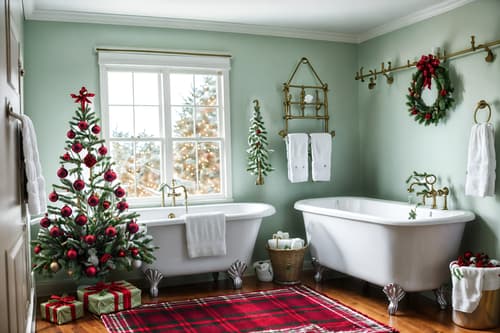 photo from pinterest of christmas-style interior designed (bathroom interior) with bathtub and bath towel and bathroom sink with faucet and plant and waste basket and mirror and shower and bath rail. . with christmas ornaments and ribbons and berries and greenery draped and plaid rugs and snow outside and giftwrapped gifts and a few big socks hanging and tie pinecones and berries. . cinematic photo, highly detailed, cinematic lighting, ultra-detailed, ultrarealistic, photorealism, 8k. trending on pinterest. christmas interior design style. masterpiece, cinematic light, ultrarealistic+, photorealistic+, 8k, raw photo, realistic, sharp focus on eyes, (symmetrical eyes), (intact eyes), hyperrealistic, highest quality, best quality, , highly detailed, masterpiece, best quality, extremely detailed 8k wallpaper, masterpiece, best quality, ultra-detailed, best shadow, detailed background, detailed face, detailed eyes, high contrast, best illumination, detailed face, dulux, caustic, dynamic angle, detailed glow. dramatic lighting. highly detailed, insanely detailed hair, symmetrical, intricate details, professionally retouched, 8k high definition. strong bokeh. award winning photo.