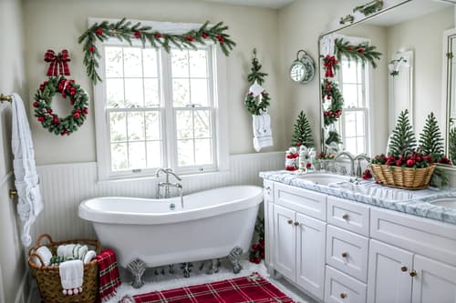 photo from pinterest of christmas-style interior designed (bathroom interior) with bathtub and bath towel and bathroom sink with faucet and plant and waste basket and mirror and shower and bath rail. . with christmas ornaments and ribbons and berries and greenery draped and plaid rugs and snow outside and giftwrapped gifts and a few big socks hanging and tie pinecones and berries. . cinematic photo, highly detailed, cinematic lighting, ultra-detailed, ultrarealistic, photorealism, 8k. trending on pinterest. christmas interior design style. masterpiece, cinematic light, ultrarealistic+, photorealistic+, 8k, raw photo, realistic, sharp focus on eyes, (symmetrical eyes), (intact eyes), hyperrealistic, highest quality, best quality, , highly detailed, masterpiece, best quality, extremely detailed 8k wallpaper, masterpiece, best quality, ultra-detailed, best shadow, detailed background, detailed face, detailed eyes, high contrast, best illumination, detailed face, dulux, caustic, dynamic angle, detailed glow. dramatic lighting. highly detailed, insanely detailed hair, symmetrical, intricate details, professionally retouched, 8k high definition. strong bokeh. award winning photo.