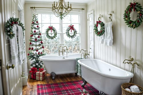 photo from pinterest of christmas-style interior designed (bathroom interior) with bathtub and bath towel and bathroom sink with faucet and plant and waste basket and mirror and shower and bath rail. . with christmas ornaments and ribbons and berries and greenery draped and plaid rugs and snow outside and giftwrapped gifts and a few big socks hanging and tie pinecones and berries. . cinematic photo, highly detailed, cinematic lighting, ultra-detailed, ultrarealistic, photorealism, 8k. trending on pinterest. christmas interior design style. masterpiece, cinematic light, ultrarealistic+, photorealistic+, 8k, raw photo, realistic, sharp focus on eyes, (symmetrical eyes), (intact eyes), hyperrealistic, highest quality, best quality, , highly detailed, masterpiece, best quality, extremely detailed 8k wallpaper, masterpiece, best quality, ultra-detailed, best shadow, detailed background, detailed face, detailed eyes, high contrast, best illumination, detailed face, dulux, caustic, dynamic angle, detailed glow. dramatic lighting. highly detailed, insanely detailed hair, symmetrical, intricate details, professionally retouched, 8k high definition. strong bokeh. award winning photo.