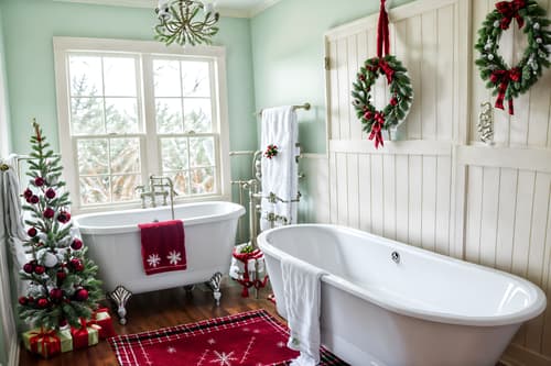 photo from pinterest of christmas-style interior designed (bathroom interior) with bathtub and bath towel and bathroom sink with faucet and plant and waste basket and mirror and shower and bath rail. . with christmas ornaments and ribbons and berries and greenery draped and plaid rugs and snow outside and giftwrapped gifts and a few big socks hanging and tie pinecones and berries. . cinematic photo, highly detailed, cinematic lighting, ultra-detailed, ultrarealistic, photorealism, 8k. trending on pinterest. christmas interior design style. masterpiece, cinematic light, ultrarealistic+, photorealistic+, 8k, raw photo, realistic, sharp focus on eyes, (symmetrical eyes), (intact eyes), hyperrealistic, highest quality, best quality, , highly detailed, masterpiece, best quality, extremely detailed 8k wallpaper, masterpiece, best quality, ultra-detailed, best shadow, detailed background, detailed face, detailed eyes, high contrast, best illumination, detailed face, dulux, caustic, dynamic angle, detailed glow. dramatic lighting. highly detailed, insanely detailed hair, symmetrical, intricate details, professionally retouched, 8k high definition. strong bokeh. award winning photo.