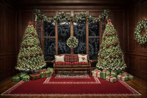 photo from pinterest of christmas-style interior designed (exhibition space interior) . with berries and greenery draped and a few big socks hanging and snow outside and ribbons and plaid rugs and tie pinecones and berries and christmas ornaments and giftwrapped gifts. . cinematic photo, highly detailed, cinematic lighting, ultra-detailed, ultrarealistic, photorealism, 8k. trending on pinterest. christmas interior design style. masterpiece, cinematic light, ultrarealistic+, photorealistic+, 8k, raw photo, realistic, sharp focus on eyes, (symmetrical eyes), (intact eyes), hyperrealistic, highest quality, best quality, , highly detailed, masterpiece, best quality, extremely detailed 8k wallpaper, masterpiece, best quality, ultra-detailed, best shadow, detailed background, detailed face, detailed eyes, high contrast, best illumination, detailed face, dulux, caustic, dynamic angle, detailed glow. dramatic lighting. highly detailed, insanely detailed hair, symmetrical, intricate details, professionally retouched, 8k high definition. strong bokeh. award winning photo.