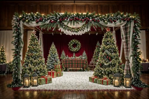 photo from pinterest of christmas-style interior designed (exhibition space interior) . with berries and greenery draped and a few big socks hanging and snow outside and ribbons and plaid rugs and tie pinecones and berries and christmas ornaments and giftwrapped gifts. . cinematic photo, highly detailed, cinematic lighting, ultra-detailed, ultrarealistic, photorealism, 8k. trending on pinterest. christmas interior design style. masterpiece, cinematic light, ultrarealistic+, photorealistic+, 8k, raw photo, realistic, sharp focus on eyes, (symmetrical eyes), (intact eyes), hyperrealistic, highest quality, best quality, , highly detailed, masterpiece, best quality, extremely detailed 8k wallpaper, masterpiece, best quality, ultra-detailed, best shadow, detailed background, detailed face, detailed eyes, high contrast, best illumination, detailed face, dulux, caustic, dynamic angle, detailed glow. dramatic lighting. highly detailed, insanely detailed hair, symmetrical, intricate details, professionally retouched, 8k high definition. strong bokeh. award winning photo.