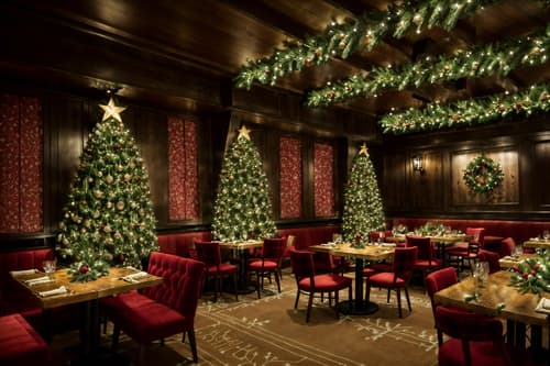 photo from pinterest of christmas-style interior designed (restaurant interior) with restaurant bar and restaurant decor and restaurant dining tables and restaurant chairs and restaurant bar. . with christmas ornaments and giftwrapped gifts and snow outside and plaid rugs and a few big socks hanging and berries and greenery draped and tie pinecones and berries and ribbons. . cinematic photo, highly detailed, cinematic lighting, ultra-detailed, ultrarealistic, photorealism, 8k. trending on pinterest. christmas interior design style. masterpiece, cinematic light, ultrarealistic+, photorealistic+, 8k, raw photo, realistic, sharp focus on eyes, (symmetrical eyes), (intact eyes), hyperrealistic, highest quality, best quality, , highly detailed, masterpiece, best quality, extremely detailed 8k wallpaper, masterpiece, best quality, ultra-detailed, best shadow, detailed background, detailed face, detailed eyes, high contrast, best illumination, detailed face, dulux, caustic, dynamic angle, detailed glow. dramatic lighting. highly detailed, insanely detailed hair, symmetrical, intricate details, professionally retouched, 8k high definition. strong bokeh. award winning photo.