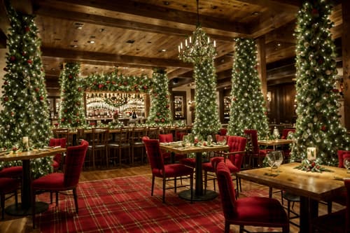 photo from pinterest of christmas-style interior designed (restaurant interior) with restaurant bar and restaurant decor and restaurant dining tables and restaurant chairs and restaurant bar. . with christmas ornaments and giftwrapped gifts and snow outside and plaid rugs and a few big socks hanging and berries and greenery draped and tie pinecones and berries and ribbons. . cinematic photo, highly detailed, cinematic lighting, ultra-detailed, ultrarealistic, photorealism, 8k. trending on pinterest. christmas interior design style. masterpiece, cinematic light, ultrarealistic+, photorealistic+, 8k, raw photo, realistic, sharp focus on eyes, (symmetrical eyes), (intact eyes), hyperrealistic, highest quality, best quality, , highly detailed, masterpiece, best quality, extremely detailed 8k wallpaper, masterpiece, best quality, ultra-detailed, best shadow, detailed background, detailed face, detailed eyes, high contrast, best illumination, detailed face, dulux, caustic, dynamic angle, detailed glow. dramatic lighting. highly detailed, insanely detailed hair, symmetrical, intricate details, professionally retouched, 8k high definition. strong bokeh. award winning photo.