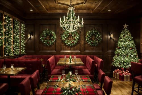 photo from pinterest of christmas-style interior designed (restaurant interior) with restaurant bar and restaurant decor and restaurant dining tables and restaurant chairs and restaurant bar. . with christmas ornaments and giftwrapped gifts and snow outside and plaid rugs and a few big socks hanging and berries and greenery draped and tie pinecones and berries and ribbons. . cinematic photo, highly detailed, cinematic lighting, ultra-detailed, ultrarealistic, photorealism, 8k. trending on pinterest. christmas interior design style. masterpiece, cinematic light, ultrarealistic+, photorealistic+, 8k, raw photo, realistic, sharp focus on eyes, (symmetrical eyes), (intact eyes), hyperrealistic, highest quality, best quality, , highly detailed, masterpiece, best quality, extremely detailed 8k wallpaper, masterpiece, best quality, ultra-detailed, best shadow, detailed background, detailed face, detailed eyes, high contrast, best illumination, detailed face, dulux, caustic, dynamic angle, detailed glow. dramatic lighting. highly detailed, insanely detailed hair, symmetrical, intricate details, professionally retouched, 8k high definition. strong bokeh. award winning photo.