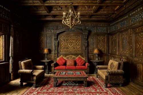 photo from pinterest of medieval-style interior designed (gaming room interior) . with castle interior and heavy furniture pieces and castle interior and stone walls and upholstery on chairs and sofas and deep colors like red, gold, or blue and intricate wooden inlay designs and carvings and timber walls. . cinematic photo, highly detailed, cinematic lighting, ultra-detailed, ultrarealistic, photorealism, 8k. trending on pinterest. medieval interior design style. masterpiece, cinematic light, ultrarealistic+, photorealistic+, 8k, raw photo, realistic, sharp focus on eyes, (symmetrical eyes), (intact eyes), hyperrealistic, highest quality, best quality, , highly detailed, masterpiece, best quality, extremely detailed 8k wallpaper, masterpiece, best quality, ultra-detailed, best shadow, detailed background, detailed face, detailed eyes, high contrast, best illumination, detailed face, dulux, caustic, dynamic angle, detailed glow. dramatic lighting. highly detailed, insanely detailed hair, symmetrical, intricate details, professionally retouched, 8k high definition. strong bokeh. award winning photo.