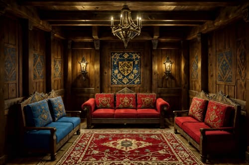 photo from pinterest of medieval-style interior designed (gaming room interior) . with castle interior and heavy furniture pieces and castle interior and stone walls and upholstery on chairs and sofas and deep colors like red, gold, or blue and intricate wooden inlay designs and carvings and timber walls. . cinematic photo, highly detailed, cinematic lighting, ultra-detailed, ultrarealistic, photorealism, 8k. trending on pinterest. medieval interior design style. masterpiece, cinematic light, ultrarealistic+, photorealistic+, 8k, raw photo, realistic, sharp focus on eyes, (symmetrical eyes), (intact eyes), hyperrealistic, highest quality, best quality, , highly detailed, masterpiece, best quality, extremely detailed 8k wallpaper, masterpiece, best quality, ultra-detailed, best shadow, detailed background, detailed face, detailed eyes, high contrast, best illumination, detailed face, dulux, caustic, dynamic angle, detailed glow. dramatic lighting. highly detailed, insanely detailed hair, symmetrical, intricate details, professionally retouched, 8k high definition. strong bokeh. award winning photo.