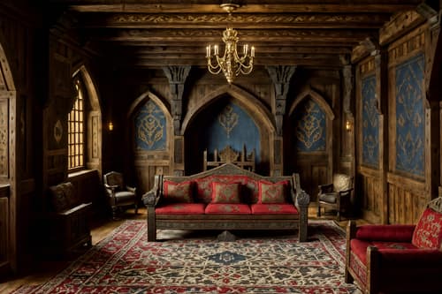 photo from pinterest of medieval-style interior designed (gaming room interior) . with castle interior and heavy furniture pieces and castle interior and stone walls and upholstery on chairs and sofas and deep colors like red, gold, or blue and intricate wooden inlay designs and carvings and timber walls. . cinematic photo, highly detailed, cinematic lighting, ultra-detailed, ultrarealistic, photorealism, 8k. trending on pinterest. medieval interior design style. masterpiece, cinematic light, ultrarealistic+, photorealistic+, 8k, raw photo, realistic, sharp focus on eyes, (symmetrical eyes), (intact eyes), hyperrealistic, highest quality, best quality, , highly detailed, masterpiece, best quality, extremely detailed 8k wallpaper, masterpiece, best quality, ultra-detailed, best shadow, detailed background, detailed face, detailed eyes, high contrast, best illumination, detailed face, dulux, caustic, dynamic angle, detailed glow. dramatic lighting. highly detailed, insanely detailed hair, symmetrical, intricate details, professionally retouched, 8k high definition. strong bokeh. award winning photo.