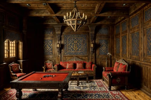 photo from pinterest of medieval-style interior designed (gaming room interior) . with castle interior and heavy furniture pieces and castle interior and stone walls and upholstery on chairs and sofas and deep colors like red, gold, or blue and intricate wooden inlay designs and carvings and timber walls. . cinematic photo, highly detailed, cinematic lighting, ultra-detailed, ultrarealistic, photorealism, 8k. trending on pinterest. medieval interior design style. masterpiece, cinematic light, ultrarealistic+, photorealistic+, 8k, raw photo, realistic, sharp focus on eyes, (symmetrical eyes), (intact eyes), hyperrealistic, highest quality, best quality, , highly detailed, masterpiece, best quality, extremely detailed 8k wallpaper, masterpiece, best quality, ultra-detailed, best shadow, detailed background, detailed face, detailed eyes, high contrast, best illumination, detailed face, dulux, caustic, dynamic angle, detailed glow. dramatic lighting. highly detailed, insanely detailed hair, symmetrical, intricate details, professionally retouched, 8k high definition. strong bokeh. award winning photo.