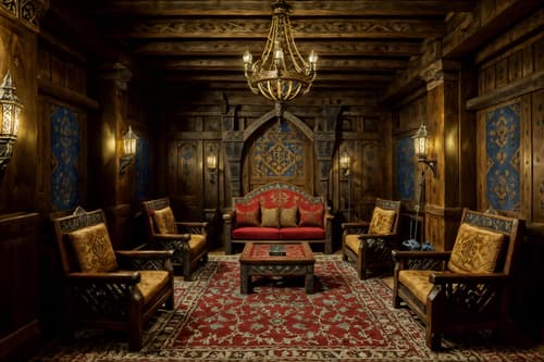 photo from pinterest of medieval-style interior designed (gaming room interior) . with castle interior and heavy furniture pieces and castle interior and stone walls and upholstery on chairs and sofas and deep colors like red, gold, or blue and intricate wooden inlay designs and carvings and timber walls. . cinematic photo, highly detailed, cinematic lighting, ultra-detailed, ultrarealistic, photorealism, 8k. trending on pinterest. medieval interior design style. masterpiece, cinematic light, ultrarealistic+, photorealistic+, 8k, raw photo, realistic, sharp focus on eyes, (symmetrical eyes), (intact eyes), hyperrealistic, highest quality, best quality, , highly detailed, masterpiece, best quality, extremely detailed 8k wallpaper, masterpiece, best quality, ultra-detailed, best shadow, detailed background, detailed face, detailed eyes, high contrast, best illumination, detailed face, dulux, caustic, dynamic angle, detailed glow. dramatic lighting. highly detailed, insanely detailed hair, symmetrical, intricate details, professionally retouched, 8k high definition. strong bokeh. award winning photo.