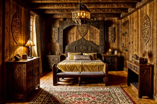 photo from pinterest of medieval-style interior designed (kids room interior) with storage bench or ottoman and dresser closet and bed and bedside table or night stand and headboard and plant and night light and mirror. . with castle interior and carved wooden tables and carved wooden benches and medieval shields on the wall and stone or wooden floor and stone walls and intricate wooden inlay designs and carvings and timber beams. . cinematic photo, highly detailed, cinematic lighting, ultra-detailed, ultrarealistic, photorealism, 8k. trending on pinterest. medieval interior design style. masterpiece, cinematic light, ultrarealistic+, photorealistic+, 8k, raw photo, realistic, sharp focus on eyes, (symmetrical eyes), (intact eyes), hyperrealistic, highest quality, best quality, , highly detailed, masterpiece, best quality, extremely detailed 8k wallpaper, masterpiece, best quality, ultra-detailed, best shadow, detailed background, detailed face, detailed eyes, high contrast, best illumination, detailed face, dulux, caustic, dynamic angle, detailed glow. dramatic lighting. highly detailed, insanely detailed hair, symmetrical, intricate details, professionally retouched, 8k high definition. strong bokeh. award winning photo.