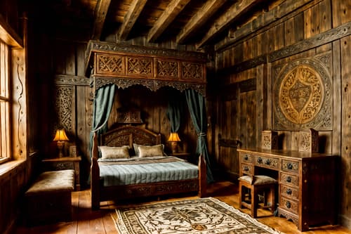 photo from pinterest of medieval-style interior designed (kids room interior) with storage bench or ottoman and dresser closet and bed and bedside table or night stand and headboard and plant and night light and mirror. . with castle interior and carved wooden tables and carved wooden benches and medieval shields on the wall and stone or wooden floor and stone walls and intricate wooden inlay designs and carvings and timber beams. . cinematic photo, highly detailed, cinematic lighting, ultra-detailed, ultrarealistic, photorealism, 8k. trending on pinterest. medieval interior design style. masterpiece, cinematic light, ultrarealistic+, photorealistic+, 8k, raw photo, realistic, sharp focus on eyes, (symmetrical eyes), (intact eyes), hyperrealistic, highest quality, best quality, , highly detailed, masterpiece, best quality, extremely detailed 8k wallpaper, masterpiece, best quality, ultra-detailed, best shadow, detailed background, detailed face, detailed eyes, high contrast, best illumination, detailed face, dulux, caustic, dynamic angle, detailed glow. dramatic lighting. highly detailed, insanely detailed hair, symmetrical, intricate details, professionally retouched, 8k high definition. strong bokeh. award winning photo.