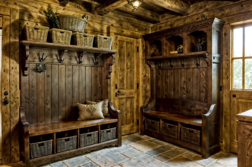 photo from pinterest of medieval-style interior designed (mudroom interior) with a bench and high up storage and storage baskets and cubbies and storage drawers and wall hooks for coats and cabinets and shelves for shoes. . with stone or wooden floor and castle interior and timber beams and gothic appearance and timber walls and upholstery on chairs and sofas and carved wooden tables and carved wooden chairs. . cinematic photo, highly detailed, cinematic lighting, ultra-detailed, ultrarealistic, photorealism, 8k. trending on pinterest. medieval interior design style. masterpiece, cinematic light, ultrarealistic+, photorealistic+, 8k, raw photo, realistic, sharp focus on eyes, (symmetrical eyes), (intact eyes), hyperrealistic, highest quality, best quality, , highly detailed, masterpiece, best quality, extremely detailed 8k wallpaper, masterpiece, best quality, ultra-detailed, best shadow, detailed background, detailed face, detailed eyes, high contrast, best illumination, detailed face, dulux, caustic, dynamic angle, detailed glow. dramatic lighting. highly detailed, insanely detailed hair, symmetrical, intricate details, professionally retouched, 8k high definition. strong bokeh. award winning photo.