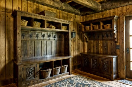 photo from pinterest of medieval-style interior designed (mudroom interior) with a bench and high up storage and storage baskets and cubbies and storage drawers and wall hooks for coats and cabinets and shelves for shoes. . with stone or wooden floor and castle interior and timber beams and gothic appearance and timber walls and upholstery on chairs and sofas and carved wooden tables and carved wooden chairs. . cinematic photo, highly detailed, cinematic lighting, ultra-detailed, ultrarealistic, photorealism, 8k. trending on pinterest. medieval interior design style. masterpiece, cinematic light, ultrarealistic+, photorealistic+, 8k, raw photo, realistic, sharp focus on eyes, (symmetrical eyes), (intact eyes), hyperrealistic, highest quality, best quality, , highly detailed, masterpiece, best quality, extremely detailed 8k wallpaper, masterpiece, best quality, ultra-detailed, best shadow, detailed background, detailed face, detailed eyes, high contrast, best illumination, detailed face, dulux, caustic, dynamic angle, detailed glow. dramatic lighting. highly detailed, insanely detailed hair, symmetrical, intricate details, professionally retouched, 8k high definition. strong bokeh. award winning photo.