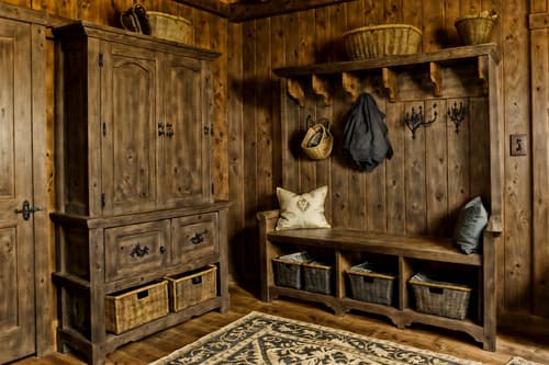 photo from pinterest of medieval-style interior designed (mudroom interior) with a bench and high up storage and storage baskets and cubbies and storage drawers and wall hooks for coats and cabinets and shelves for shoes. . with stone or wooden floor and castle interior and timber beams and gothic appearance and timber walls and upholstery on chairs and sofas and carved wooden tables and carved wooden chairs. . cinematic photo, highly detailed, cinematic lighting, ultra-detailed, ultrarealistic, photorealism, 8k. trending on pinterest. medieval interior design style. masterpiece, cinematic light, ultrarealistic+, photorealistic+, 8k, raw photo, realistic, sharp focus on eyes, (symmetrical eyes), (intact eyes), hyperrealistic, highest quality, best quality, , highly detailed, masterpiece, best quality, extremely detailed 8k wallpaper, masterpiece, best quality, ultra-detailed, best shadow, detailed background, detailed face, detailed eyes, high contrast, best illumination, detailed face, dulux, caustic, dynamic angle, detailed glow. dramatic lighting. highly detailed, insanely detailed hair, symmetrical, intricate details, professionally retouched, 8k high definition. strong bokeh. award winning photo.