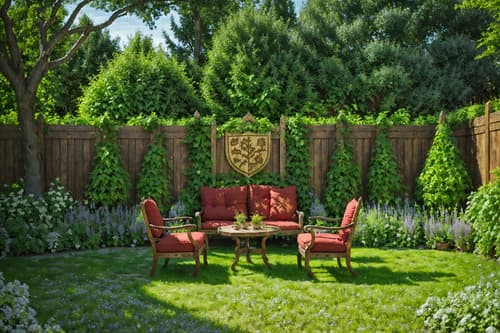 photo from pinterest of medieval-style designed (outdoor garden ) with garden tree and grass and garden plants and garden tree. . with upholstery on chairs and sofas and deep colors like red, gold, or blue and carved wooden chairs and timber walls and castle and carved wooden benches and castle and medieval shields on the wall. . cinematic photo, highly detailed, cinematic lighting, ultra-detailed, ultrarealistic, photorealism, 8k. trending on pinterest. medieval design style. masterpiece, cinematic light, ultrarealistic+, photorealistic+, 8k, raw photo, realistic, sharp focus on eyes, (symmetrical eyes), (intact eyes), hyperrealistic, highest quality, best quality, , highly detailed, masterpiece, best quality, extremely detailed 8k wallpaper, masterpiece, best quality, ultra-detailed, best shadow, detailed background, detailed face, detailed eyes, high contrast, best illumination, detailed face, dulux, caustic, dynamic angle, detailed glow. dramatic lighting. highly detailed, insanely detailed hair, symmetrical, intricate details, professionally retouched, 8k high definition. strong bokeh. award winning photo.