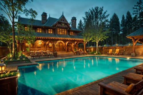 photo from pinterest of medieval-style designed (outdoor pool area ) with pool lounge chairs and pool lights and pool and pool lounge chairs. . with carved wooden benches and intricate wooden inlay designs and carvings and castle and deep colors like red, gold, or blue and timber beams and carved wooden tables and castle and carved wooden chairs. . cinematic photo, highly detailed, cinematic lighting, ultra-detailed, ultrarealistic, photorealism, 8k. trending on pinterest. medieval design style. masterpiece, cinematic light, ultrarealistic+, photorealistic+, 8k, raw photo, realistic, sharp focus on eyes, (symmetrical eyes), (intact eyes), hyperrealistic, highest quality, best quality, , highly detailed, masterpiece, best quality, extremely detailed 8k wallpaper, masterpiece, best quality, ultra-detailed, best shadow, detailed background, detailed face, detailed eyes, high contrast, best illumination, detailed face, dulux, caustic, dynamic angle, detailed glow. dramatic lighting. highly detailed, insanely detailed hair, symmetrical, intricate details, professionally retouched, 8k high definition. strong bokeh. award winning photo.