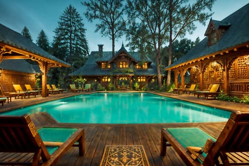 photo from pinterest of medieval-style designed (outdoor pool area ) with pool lounge chairs and pool lights and pool and pool lounge chairs. . with carved wooden benches and intricate wooden inlay designs and carvings and castle and deep colors like red, gold, or blue and timber beams and carved wooden tables and castle and carved wooden chairs. . cinematic photo, highly detailed, cinematic lighting, ultra-detailed, ultrarealistic, photorealism, 8k. trending on pinterest. medieval design style. masterpiece, cinematic light, ultrarealistic+, photorealistic+, 8k, raw photo, realistic, sharp focus on eyes, (symmetrical eyes), (intact eyes), hyperrealistic, highest quality, best quality, , highly detailed, masterpiece, best quality, extremely detailed 8k wallpaper, masterpiece, best quality, ultra-detailed, best shadow, detailed background, detailed face, detailed eyes, high contrast, best illumination, detailed face, dulux, caustic, dynamic angle, detailed glow. dramatic lighting. highly detailed, insanely detailed hair, symmetrical, intricate details, professionally retouched, 8k high definition. strong bokeh. award winning photo.
