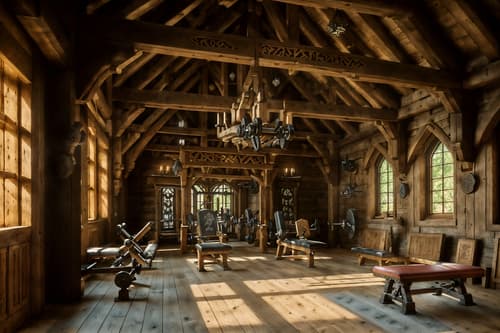 photo from pinterest of medieval-style interior designed (fitness gym interior) with dumbbell stand and crosstrainer and bench press and exercise bicycle and squat rack and dumbbell stand. . with timber beams and castle interior and carved wooden chairs and castle interior and stone or wooden floor and timber walls and gothic appearance and carved wooden benches. . cinematic photo, highly detailed, cinematic lighting, ultra-detailed, ultrarealistic, photorealism, 8k. trending on pinterest. medieval interior design style. masterpiece, cinematic light, ultrarealistic+, photorealistic+, 8k, raw photo, realistic, sharp focus on eyes, (symmetrical eyes), (intact eyes), hyperrealistic, highest quality, best quality, , highly detailed, masterpiece, best quality, extremely detailed 8k wallpaper, masterpiece, best quality, ultra-detailed, best shadow, detailed background, detailed face, detailed eyes, high contrast, best illumination, detailed face, dulux, caustic, dynamic angle, detailed glow. dramatic lighting. highly detailed, insanely detailed hair, symmetrical, intricate details, professionally retouched, 8k high definition. strong bokeh. award winning photo.
