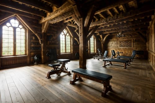 photo from pinterest of medieval-style interior designed (fitness gym interior) with dumbbell stand and crosstrainer and bench press and exercise bicycle and squat rack and dumbbell stand. . with timber beams and castle interior and carved wooden chairs and castle interior and stone or wooden floor and timber walls and gothic appearance and carved wooden benches. . cinematic photo, highly detailed, cinematic lighting, ultra-detailed, ultrarealistic, photorealism, 8k. trending on pinterest. medieval interior design style. masterpiece, cinematic light, ultrarealistic+, photorealistic+, 8k, raw photo, realistic, sharp focus on eyes, (symmetrical eyes), (intact eyes), hyperrealistic, highest quality, best quality, , highly detailed, masterpiece, best quality, extremely detailed 8k wallpaper, masterpiece, best quality, ultra-detailed, best shadow, detailed background, detailed face, detailed eyes, high contrast, best illumination, detailed face, dulux, caustic, dynamic angle, detailed glow. dramatic lighting. highly detailed, insanely detailed hair, symmetrical, intricate details, professionally retouched, 8k high definition. strong bokeh. award winning photo.