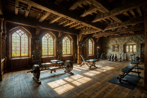 photo from pinterest of medieval-style interior designed (fitness gym interior) with dumbbell stand and crosstrainer and bench press and exercise bicycle and squat rack and dumbbell stand. . with timber beams and castle interior and carved wooden chairs and castle interior and stone or wooden floor and timber walls and gothic appearance and carved wooden benches. . cinematic photo, highly detailed, cinematic lighting, ultra-detailed, ultrarealistic, photorealism, 8k. trending on pinterest. medieval interior design style. masterpiece, cinematic light, ultrarealistic+, photorealistic+, 8k, raw photo, realistic, sharp focus on eyes, (symmetrical eyes), (intact eyes), hyperrealistic, highest quality, best quality, , highly detailed, masterpiece, best quality, extremely detailed 8k wallpaper, masterpiece, best quality, ultra-detailed, best shadow, detailed background, detailed face, detailed eyes, high contrast, best illumination, detailed face, dulux, caustic, dynamic angle, detailed glow. dramatic lighting. highly detailed, insanely detailed hair, symmetrical, intricate details, professionally retouched, 8k high definition. strong bokeh. award winning photo.
