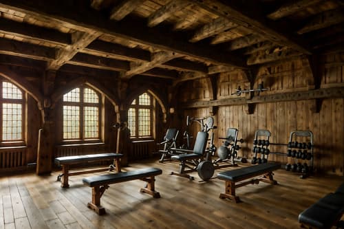 photo from pinterest of medieval-style interior designed (fitness gym interior) with dumbbell stand and crosstrainer and bench press and exercise bicycle and squat rack and dumbbell stand. . with timber beams and castle interior and carved wooden chairs and castle interior and stone or wooden floor and timber walls and gothic appearance and carved wooden benches. . cinematic photo, highly detailed, cinematic lighting, ultra-detailed, ultrarealistic, photorealism, 8k. trending on pinterest. medieval interior design style. masterpiece, cinematic light, ultrarealistic+, photorealistic+, 8k, raw photo, realistic, sharp focus on eyes, (symmetrical eyes), (intact eyes), hyperrealistic, highest quality, best quality, , highly detailed, masterpiece, best quality, extremely detailed 8k wallpaper, masterpiece, best quality, ultra-detailed, best shadow, detailed background, detailed face, detailed eyes, high contrast, best illumination, detailed face, dulux, caustic, dynamic angle, detailed glow. dramatic lighting. highly detailed, insanely detailed hair, symmetrical, intricate details, professionally retouched, 8k high definition. strong bokeh. award winning photo.