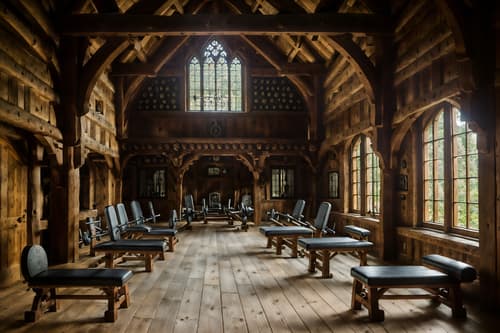photo from pinterest of medieval-style interior designed (fitness gym interior) with dumbbell stand and crosstrainer and bench press and exercise bicycle and squat rack and dumbbell stand. . with timber beams and castle interior and carved wooden chairs and castle interior and stone or wooden floor and timber walls and gothic appearance and carved wooden benches. . cinematic photo, highly detailed, cinematic lighting, ultra-detailed, ultrarealistic, photorealism, 8k. trending on pinterest. medieval interior design style. masterpiece, cinematic light, ultrarealistic+, photorealistic+, 8k, raw photo, realistic, sharp focus on eyes, (symmetrical eyes), (intact eyes), hyperrealistic, highest quality, best quality, , highly detailed, masterpiece, best quality, extremely detailed 8k wallpaper, masterpiece, best quality, ultra-detailed, best shadow, detailed background, detailed face, detailed eyes, high contrast, best illumination, detailed face, dulux, caustic, dynamic angle, detailed glow. dramatic lighting. highly detailed, insanely detailed hair, symmetrical, intricate details, professionally retouched, 8k high definition. strong bokeh. award winning photo.