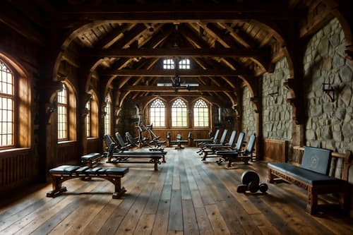 photo from pinterest of medieval-style interior designed (fitness gym interior) with dumbbell stand and crosstrainer and bench press and exercise bicycle and squat rack and dumbbell stand. . with timber beams and castle interior and carved wooden chairs and castle interior and stone or wooden floor and timber walls and gothic appearance and carved wooden benches. . cinematic photo, highly detailed, cinematic lighting, ultra-detailed, ultrarealistic, photorealism, 8k. trending on pinterest. medieval interior design style. masterpiece, cinematic light, ultrarealistic+, photorealistic+, 8k, raw photo, realistic, sharp focus on eyes, (symmetrical eyes), (intact eyes), hyperrealistic, highest quality, best quality, , highly detailed, masterpiece, best quality, extremely detailed 8k wallpaper, masterpiece, best quality, ultra-detailed, best shadow, detailed background, detailed face, detailed eyes, high contrast, best illumination, detailed face, dulux, caustic, dynamic angle, detailed glow. dramatic lighting. highly detailed, insanely detailed hair, symmetrical, intricate details, professionally retouched, 8k high definition. strong bokeh. award winning photo.