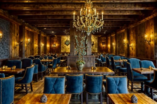 photo from pinterest of medieval-style interior designed (restaurant interior) with restaurant dining tables and restaurant chairs and restaurant decor and restaurant bar and restaurant dining tables. . with timber walls and heavy furniture pieces and gothic appearance and stone or wooden floor and velvet, chenille, damask, and brocade draperies and fabrics and deep colors like red, gold, or blue and stone walls and upholstery on chairs and sofas. . cinematic photo, highly detailed, cinematic lighting, ultra-detailed, ultrarealistic, photorealism, 8k. trending on pinterest. medieval interior design style. masterpiece, cinematic light, ultrarealistic+, photorealistic+, 8k, raw photo, realistic, sharp focus on eyes, (symmetrical eyes), (intact eyes), hyperrealistic, highest quality, best quality, , highly detailed, masterpiece, best quality, extremely detailed 8k wallpaper, masterpiece, best quality, ultra-detailed, best shadow, detailed background, detailed face, detailed eyes, high contrast, best illumination, detailed face, dulux, caustic, dynamic angle, detailed glow. dramatic lighting. highly detailed, insanely detailed hair, symmetrical, intricate details, professionally retouched, 8k high definition. strong bokeh. award winning photo.