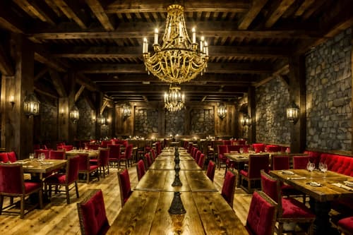 photo from pinterest of medieval-style interior designed (restaurant interior) with restaurant dining tables and restaurant chairs and restaurant decor and restaurant bar and restaurant dining tables. . with timber walls and heavy furniture pieces and gothic appearance and stone or wooden floor and velvet, chenille, damask, and brocade draperies and fabrics and deep colors like red, gold, or blue and stone walls and upholstery on chairs and sofas. . cinematic photo, highly detailed, cinematic lighting, ultra-detailed, ultrarealistic, photorealism, 8k. trending on pinterest. medieval interior design style. masterpiece, cinematic light, ultrarealistic+, photorealistic+, 8k, raw photo, realistic, sharp focus on eyes, (symmetrical eyes), (intact eyes), hyperrealistic, highest quality, best quality, , highly detailed, masterpiece, best quality, extremely detailed 8k wallpaper, masterpiece, best quality, ultra-detailed, best shadow, detailed background, detailed face, detailed eyes, high contrast, best illumination, detailed face, dulux, caustic, dynamic angle, detailed glow. dramatic lighting. highly detailed, insanely detailed hair, symmetrical, intricate details, professionally retouched, 8k high definition. strong bokeh. award winning photo.