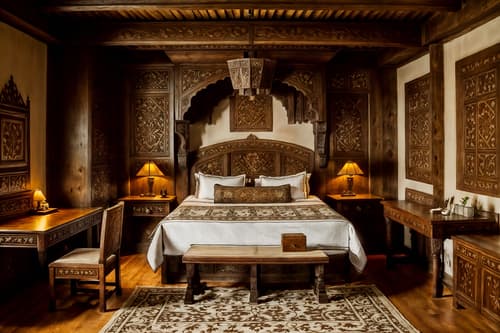 photo from pinterest of medieval-style interior designed (hotel room interior) with accent chair and hotel bathroom and storage bench or ottoman and working desk with desk chair and plant and dresser closet and night light and headboard. . with castle interior and castle interior and intricate wooden inlay designs and carvings and heavy furniture pieces and carved wooden benches and medieval shields on the wall and timber walls and timber beams. . cinematic photo, highly detailed, cinematic lighting, ultra-detailed, ultrarealistic, photorealism, 8k. trending on pinterest. medieval interior design style. masterpiece, cinematic light, ultrarealistic+, photorealistic+, 8k, raw photo, realistic, sharp focus on eyes, (symmetrical eyes), (intact eyes), hyperrealistic, highest quality, best quality, , highly detailed, masterpiece, best quality, extremely detailed 8k wallpaper, masterpiece, best quality, ultra-detailed, best shadow, detailed background, detailed face, detailed eyes, high contrast, best illumination, detailed face, dulux, caustic, dynamic angle, detailed glow. dramatic lighting. highly detailed, insanely detailed hair, symmetrical, intricate details, professionally retouched, 8k high definition. strong bokeh. award winning photo.