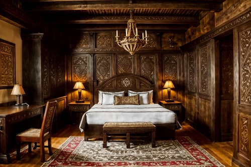 photo from pinterest of medieval-style interior designed (hotel room interior) with accent chair and hotel bathroom and storage bench or ottoman and working desk with desk chair and plant and dresser closet and night light and headboard. . with castle interior and castle interior and intricate wooden inlay designs and carvings and heavy furniture pieces and carved wooden benches and medieval shields on the wall and timber walls and timber beams. . cinematic photo, highly detailed, cinematic lighting, ultra-detailed, ultrarealistic, photorealism, 8k. trending on pinterest. medieval interior design style. masterpiece, cinematic light, ultrarealistic+, photorealistic+, 8k, raw photo, realistic, sharp focus on eyes, (symmetrical eyes), (intact eyes), hyperrealistic, highest quality, best quality, , highly detailed, masterpiece, best quality, extremely detailed 8k wallpaper, masterpiece, best quality, ultra-detailed, best shadow, detailed background, detailed face, detailed eyes, high contrast, best illumination, detailed face, dulux, caustic, dynamic angle, detailed glow. dramatic lighting. highly detailed, insanely detailed hair, symmetrical, intricate details, professionally retouched, 8k high definition. strong bokeh. award winning photo.