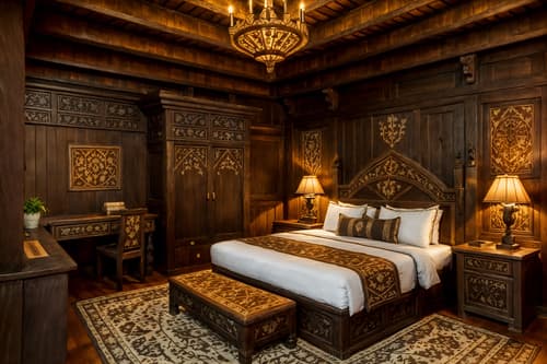 photo from pinterest of medieval-style interior designed (hotel room interior) with accent chair and hotel bathroom and storage bench or ottoman and working desk with desk chair and plant and dresser closet and night light and headboard. . with castle interior and castle interior and intricate wooden inlay designs and carvings and heavy furniture pieces and carved wooden benches and medieval shields on the wall and timber walls and timber beams. . cinematic photo, highly detailed, cinematic lighting, ultra-detailed, ultrarealistic, photorealism, 8k. trending on pinterest. medieval interior design style. masterpiece, cinematic light, ultrarealistic+, photorealistic+, 8k, raw photo, realistic, sharp focus on eyes, (symmetrical eyes), (intact eyes), hyperrealistic, highest quality, best quality, , highly detailed, masterpiece, best quality, extremely detailed 8k wallpaper, masterpiece, best quality, ultra-detailed, best shadow, detailed background, detailed face, detailed eyes, high contrast, best illumination, detailed face, dulux, caustic, dynamic angle, detailed glow. dramatic lighting. highly detailed, insanely detailed hair, symmetrical, intricate details, professionally retouched, 8k high definition. strong bokeh. award winning photo.