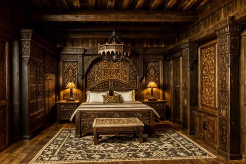photo from pinterest of medieval-style interior designed (hotel room interior) with accent chair and hotel bathroom and storage bench or ottoman and working desk with desk chair and plant and dresser closet and night light and headboard. . with castle interior and castle interior and intricate wooden inlay designs and carvings and heavy furniture pieces and carved wooden benches and medieval shields on the wall and timber walls and timber beams. . cinematic photo, highly detailed, cinematic lighting, ultra-detailed, ultrarealistic, photorealism, 8k. trending on pinterest. medieval interior design style. masterpiece, cinematic light, ultrarealistic+, photorealistic+, 8k, raw photo, realistic, sharp focus on eyes, (symmetrical eyes), (intact eyes), hyperrealistic, highest quality, best quality, , highly detailed, masterpiece, best quality, extremely detailed 8k wallpaper, masterpiece, best quality, ultra-detailed, best shadow, detailed background, detailed face, detailed eyes, high contrast, best illumination, detailed face, dulux, caustic, dynamic angle, detailed glow. dramatic lighting. highly detailed, insanely detailed hair, symmetrical, intricate details, professionally retouched, 8k high definition. strong bokeh. award winning photo.