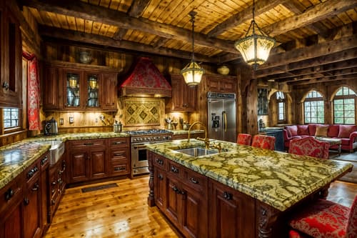 photo from pinterest of medieval-style interior designed (kitchen interior) with sink and stove and worktops and plant and kitchen cabinets and refrigerator and sink. . with deep colors like red, gold, or blue and timber beams and upholstery on chairs and sofas and carved wooden chairs and carved wooden benches and velvet, chenille, damask, and brocade draperies and fabrics and intricate wooden inlay designs and carvings and gothic appearance. . cinematic photo, highly detailed, cinematic lighting, ultra-detailed, ultrarealistic, photorealism, 8k. trending on pinterest. medieval interior design style. masterpiece, cinematic light, ultrarealistic+, photorealistic+, 8k, raw photo, realistic, sharp focus on eyes, (symmetrical eyes), (intact eyes), hyperrealistic, highest quality, best quality, , highly detailed, masterpiece, best quality, extremely detailed 8k wallpaper, masterpiece, best quality, ultra-detailed, best shadow, detailed background, detailed face, detailed eyes, high contrast, best illumination, detailed face, dulux, caustic, dynamic angle, detailed glow. dramatic lighting. highly detailed, insanely detailed hair, symmetrical, intricate details, professionally retouched, 8k high definition. strong bokeh. award winning photo.