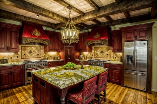photo from pinterest of medieval-style interior designed (kitchen interior) with sink and stove and worktops and plant and kitchen cabinets and refrigerator and sink. . with deep colors like red, gold, or blue and timber beams and upholstery on chairs and sofas and carved wooden chairs and carved wooden benches and velvet, chenille, damask, and brocade draperies and fabrics and intricate wooden inlay designs and carvings and gothic appearance. . cinematic photo, highly detailed, cinematic lighting, ultra-detailed, ultrarealistic, photorealism, 8k. trending on pinterest. medieval interior design style. masterpiece, cinematic light, ultrarealistic+, photorealistic+, 8k, raw photo, realistic, sharp focus on eyes, (symmetrical eyes), (intact eyes), hyperrealistic, highest quality, best quality, , highly detailed, masterpiece, best quality, extremely detailed 8k wallpaper, masterpiece, best quality, ultra-detailed, best shadow, detailed background, detailed face, detailed eyes, high contrast, best illumination, detailed face, dulux, caustic, dynamic angle, detailed glow. dramatic lighting. highly detailed, insanely detailed hair, symmetrical, intricate details, professionally retouched, 8k high definition. strong bokeh. award winning photo.