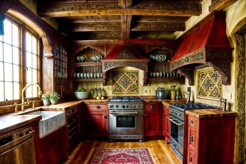 photo from pinterest of medieval-style interior designed (kitchen interior) with sink and stove and worktops and plant and kitchen cabinets and refrigerator and sink. . with deep colors like red, gold, or blue and timber beams and upholstery on chairs and sofas and carved wooden chairs and carved wooden benches and velvet, chenille, damask, and brocade draperies and fabrics and intricate wooden inlay designs and carvings and gothic appearance. . cinematic photo, highly detailed, cinematic lighting, ultra-detailed, ultrarealistic, photorealism, 8k. trending on pinterest. medieval interior design style. masterpiece, cinematic light, ultrarealistic+, photorealistic+, 8k, raw photo, realistic, sharp focus on eyes, (symmetrical eyes), (intact eyes), hyperrealistic, highest quality, best quality, , highly detailed, masterpiece, best quality, extremely detailed 8k wallpaper, masterpiece, best quality, ultra-detailed, best shadow, detailed background, detailed face, detailed eyes, high contrast, best illumination, detailed face, dulux, caustic, dynamic angle, detailed glow. dramatic lighting. highly detailed, insanely detailed hair, symmetrical, intricate details, professionally retouched, 8k high definition. strong bokeh. award winning photo.